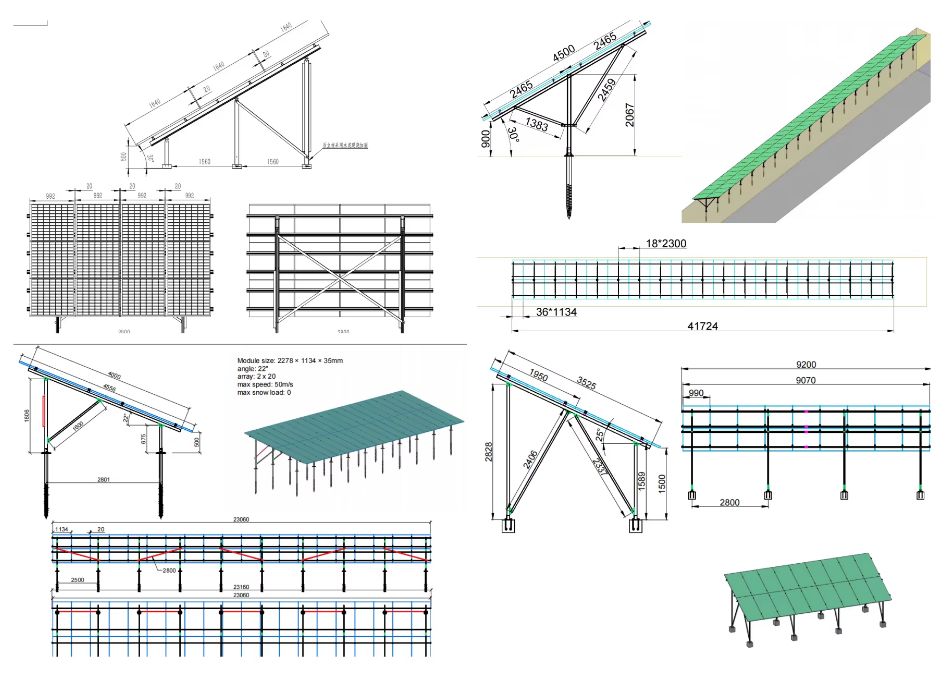 Ground mount solar racking systems installed on a utility-scale solar farm with adjustable tilt and steel pile foundations