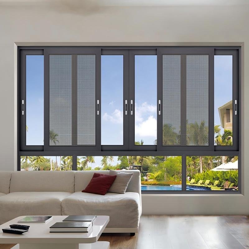 aluminum sliding window with mosquito net in living room