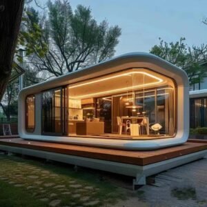 Apple cabin cafe prefab coffee shop pod with open glass front on wooden deck