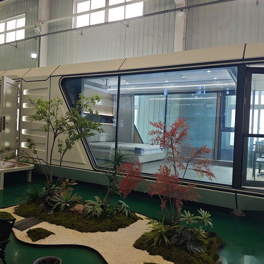 Capsule house balcony terrace with table and chairs overlooking garden