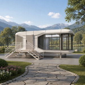 Capsule house prefab space capsule home with panoramic glass by the lake