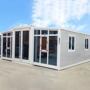 Expandable container house with large glass windows and security door