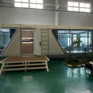 Space capsule house entrance door with welcome light and steps