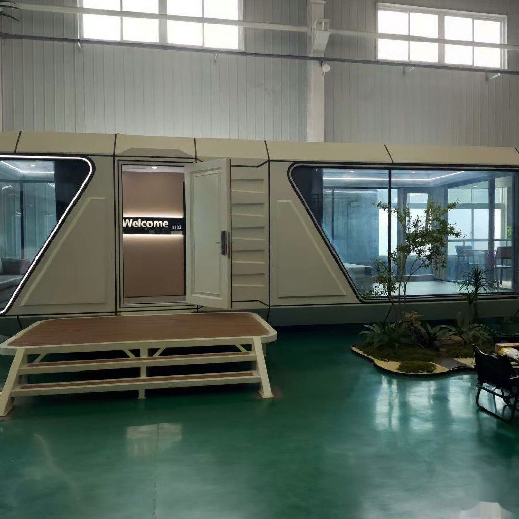Space capsule house entrance door with welcome light and steps
