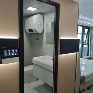 Space capsule house unit displayed in factory showroom