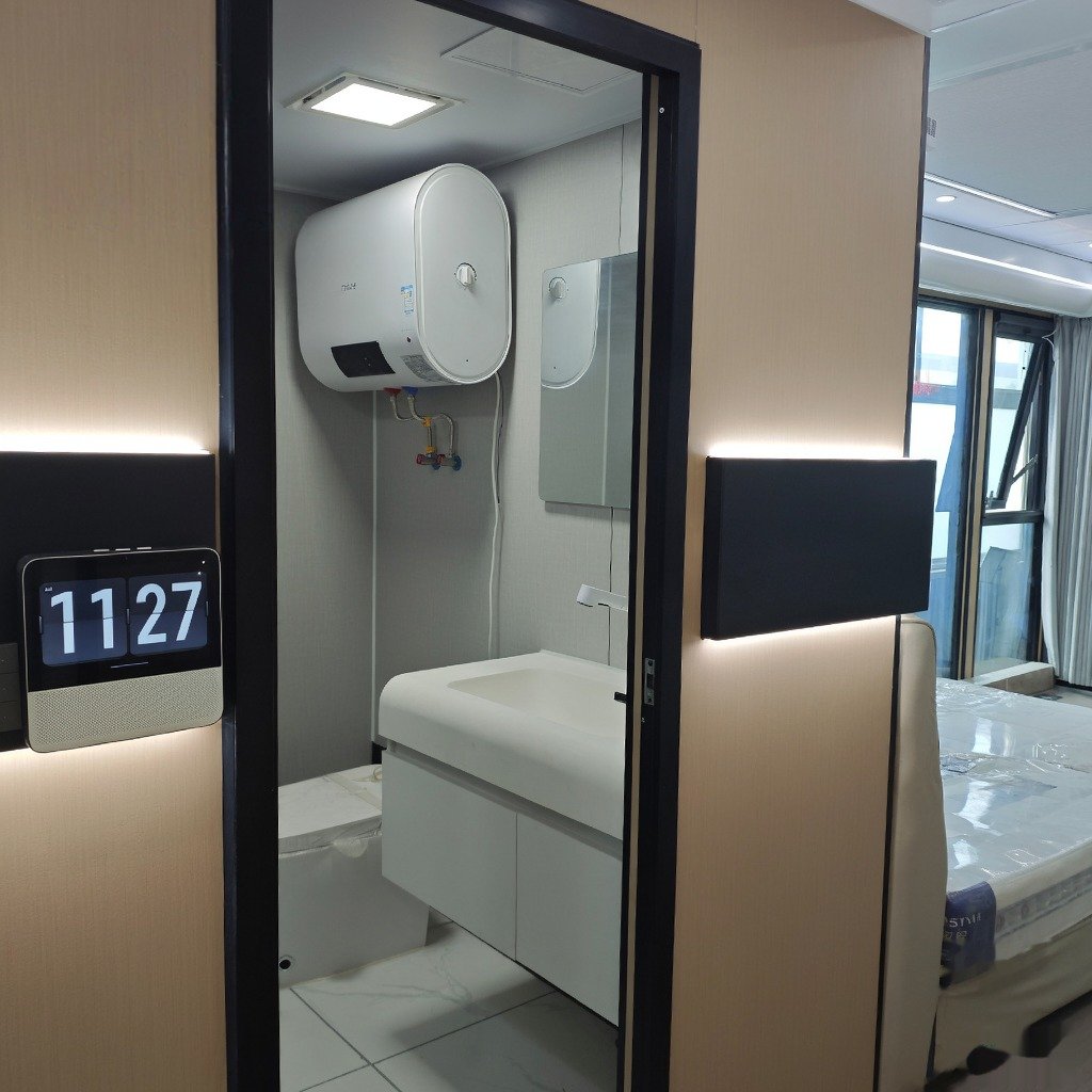 Space capsule house unit displayed in factory showroom
