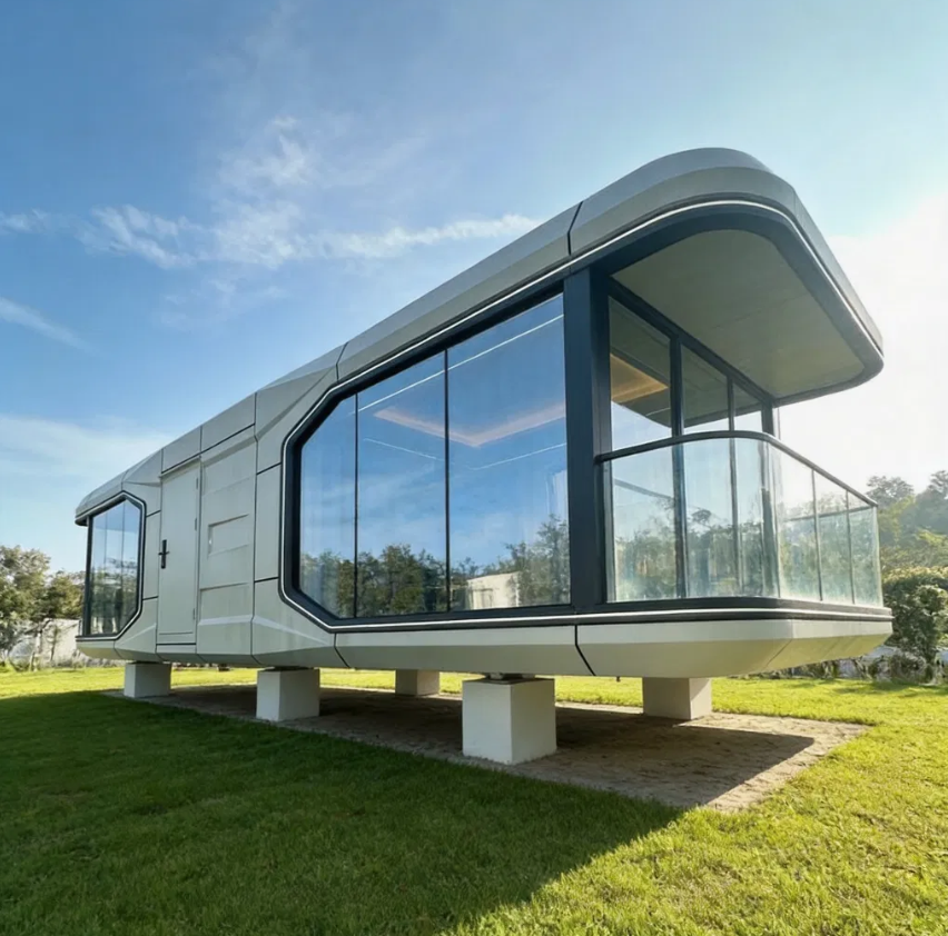 Capsule house industry trends showing futuristic pod homes deployed at a glamping resort with panoramic windows
