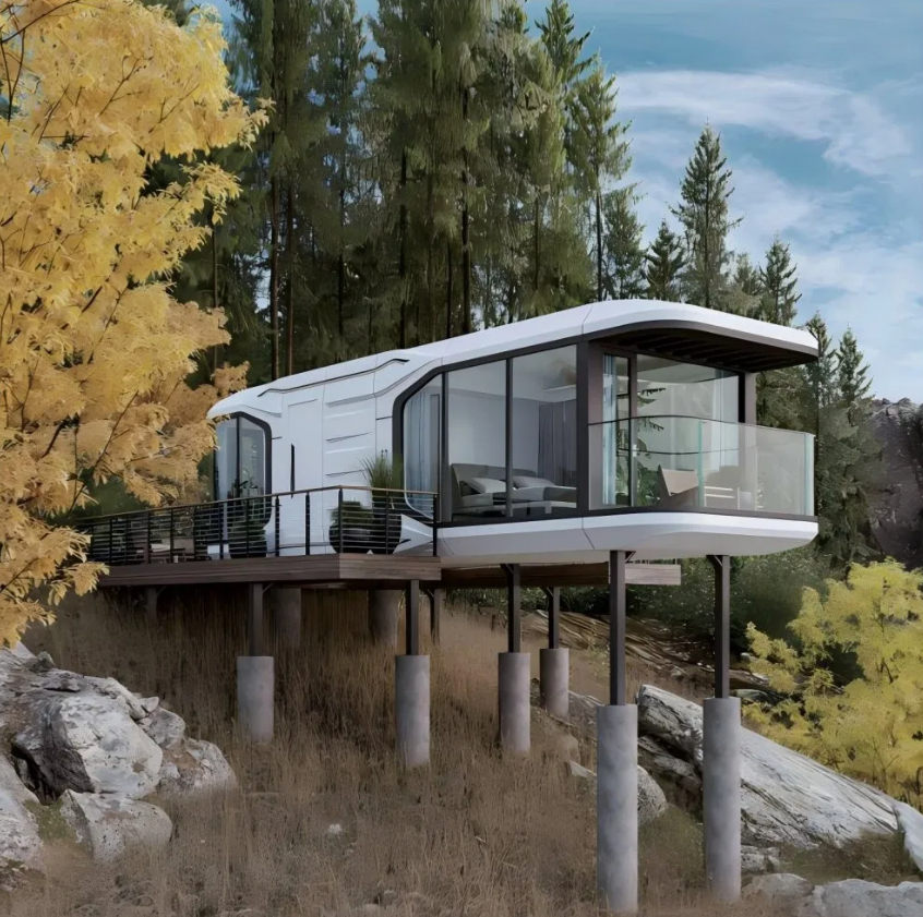 Capsule house guide showing space pod home installation with crane positioning and smart home system integration
